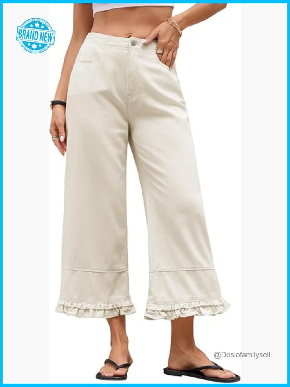 High Waisted Wide Leg Jeans Cropped Denim Pants Ruffle Hem Baggy Trendy Y2K